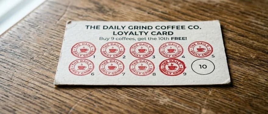 Cartão fidelidade de cafeteria com selos (“compre 9 cafés, ganhe o 10º grátis”) sobre uma mesa de madeira.