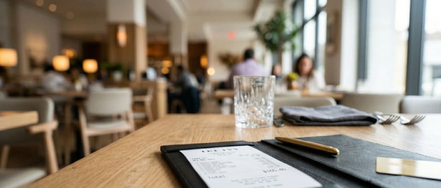 Conta de restaurante em uma pasta preta sobre a mesa, com um cartão ao lado.