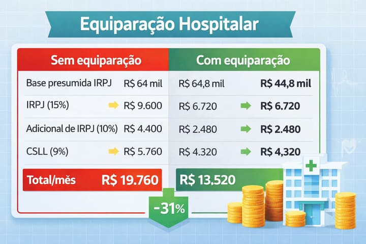 Infográfico “Equiparação Hospitalar” comparando IRPJ, adicional de IRPJ e CSLL sem e com equiparação: o total mensal cai de R$ 19.760 para R$ 13.520 (−31%).