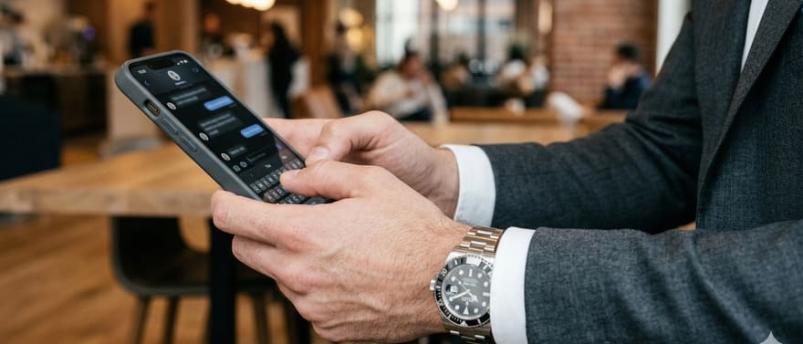 Homem de terno lendo mensagens no celular em um restaurante movimentado.